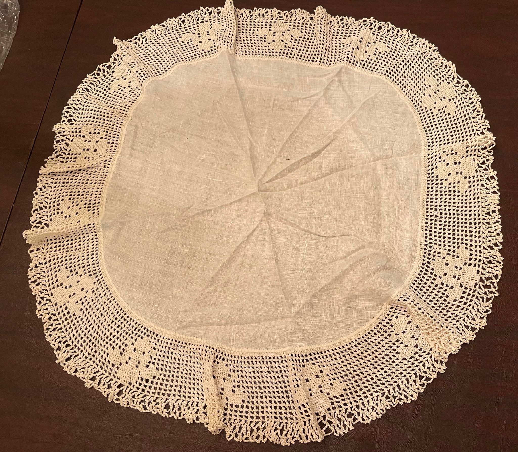 39” Round Hand Crochet lace and Linen Table Centerpiece