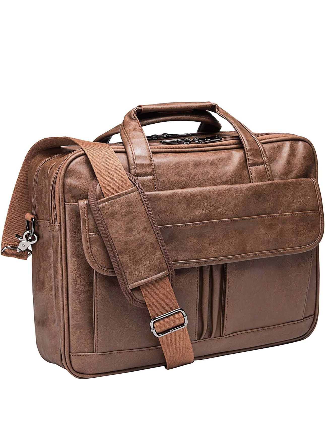 seyfocnia Mens Laptop Bag,17.3 Inch PU Leather Messenger Bag Water Resistant Business Travel Briefcase, Work Computer Bag Satchel Bag Husband（Brown）