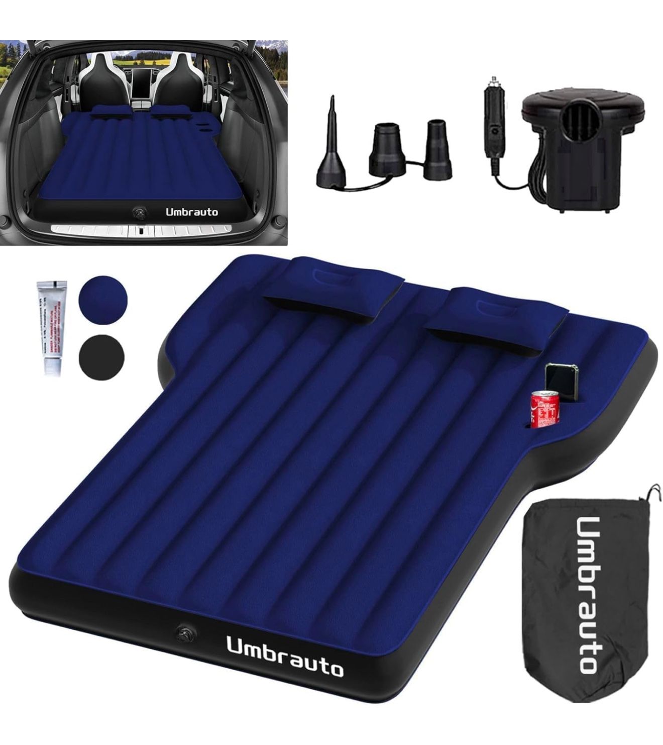 Umbrauto Mattress for Tesla Model Y: Inflatable Camping Air Mattress for SUV Travel, Portable Flocking Surface Sleeping Pad w Air Pump Navy BRAND NEW