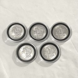 About Uncirculated-AU(50)  Sealed In Capsules 1921 Morgan Silver Dollars. Total Of Five. Valued At $90 Each On Us Coin Book In This Condition. 