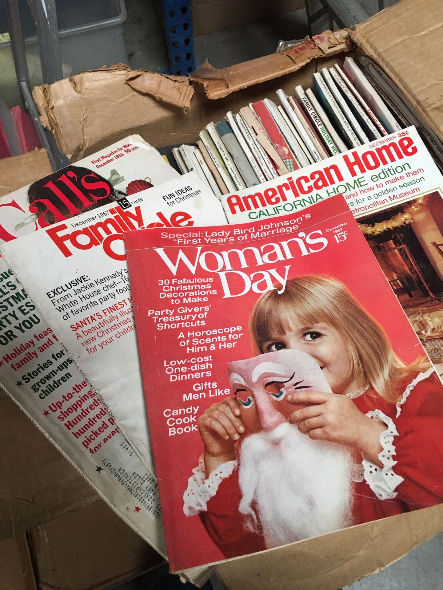 Box of vintage Christmas magazines xmas circa 1967 to 71 all Christmas theme woman’s day McCall’s LA Times home lots of Christmas decorating ideas