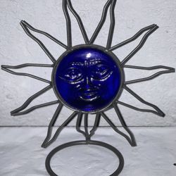 Vintage Blue Glass Sun Face Metal Art Sculpture Candle Home Décor 12x10