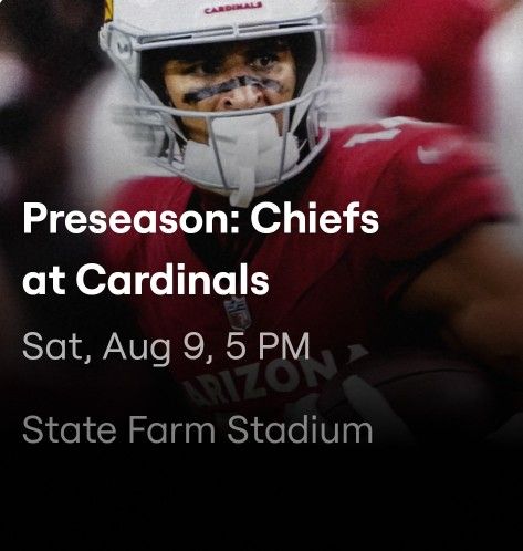 Kansas City Chiefs vs Arizona Cardinals 2 Lower Level Aisle Seats With Pass