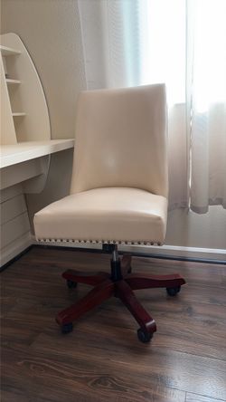 Cream Leather Office Chair with Wood Base