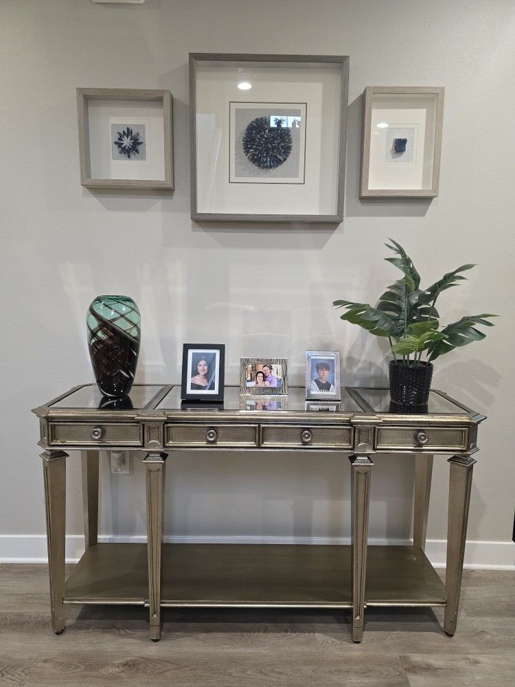 Z Gallerie 3 Drawer Console Entryway Table with qty 3 Mirrored Glass Panels on top
