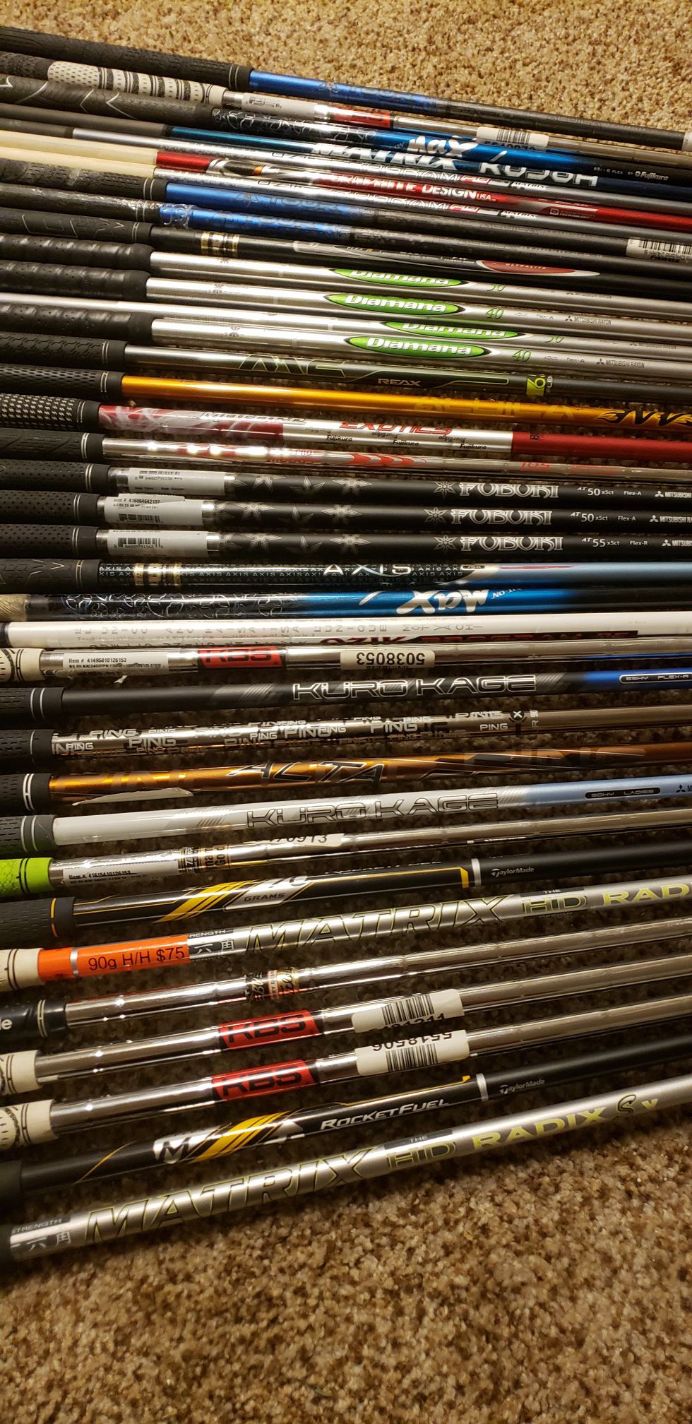 Many different golf club shafts.ALL ARE NEW.