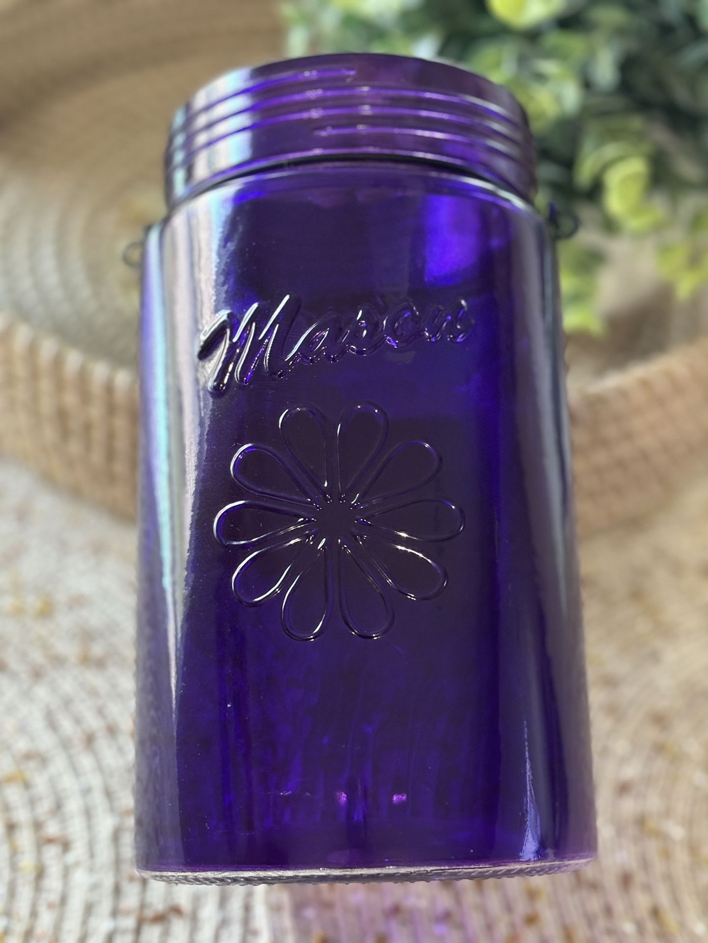 Purple Mason Jar Embossed Daisy Flower & Black Metal Handle
