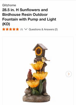[Retail: $285] Glitzhome 28.5 in. H Sunflowers and Birdhouse Resin Outdoor Fountain with Pump and Light (KD)