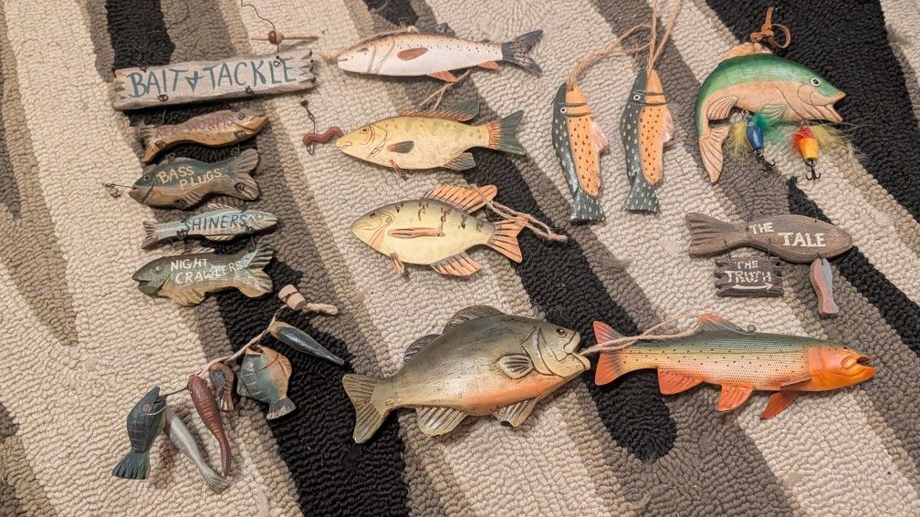 10 Vintage Fishing Christmas Ornaments Lot – Bait & Tackle, Trout, Bass