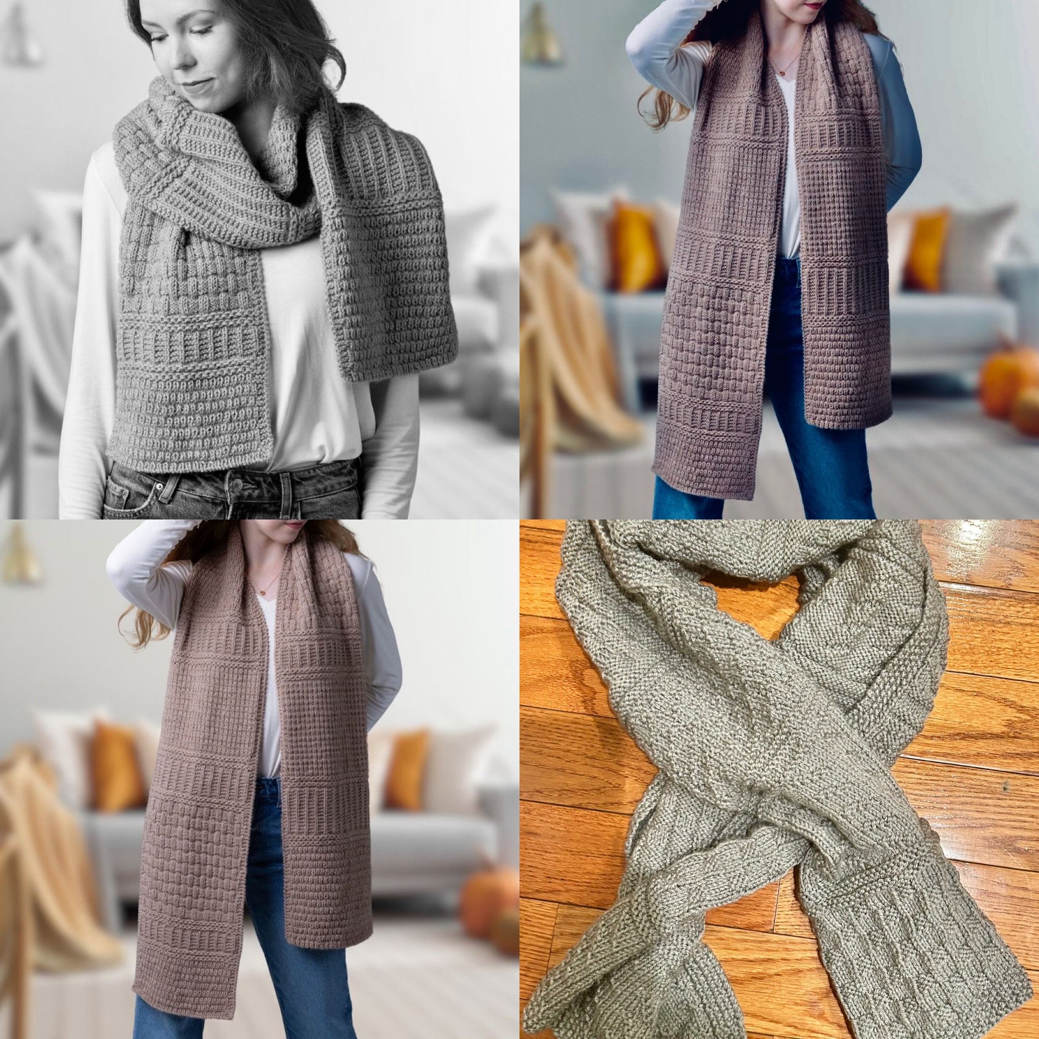 Vintage Olive green large Mix pattern textured hand-knitted scarf/WRAP