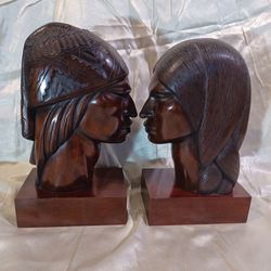 Rosewood Bookends depicting an Inca Couple Signed By Artist A. Franco
