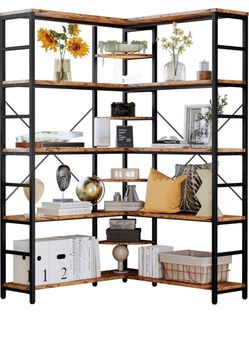 IRONCK Industrial Bookcases and Bookshelves, Book Shelf, Vintage Brown 5 Tiers Corner Bookcase with Curved Panels, L Shaped Bookshelf with Metal Frame