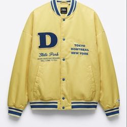 ZARA Yellow Varsity-Style Bomber Jacket with Blue Trim