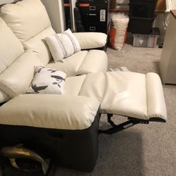Cream Leather Reclining Loveseat 