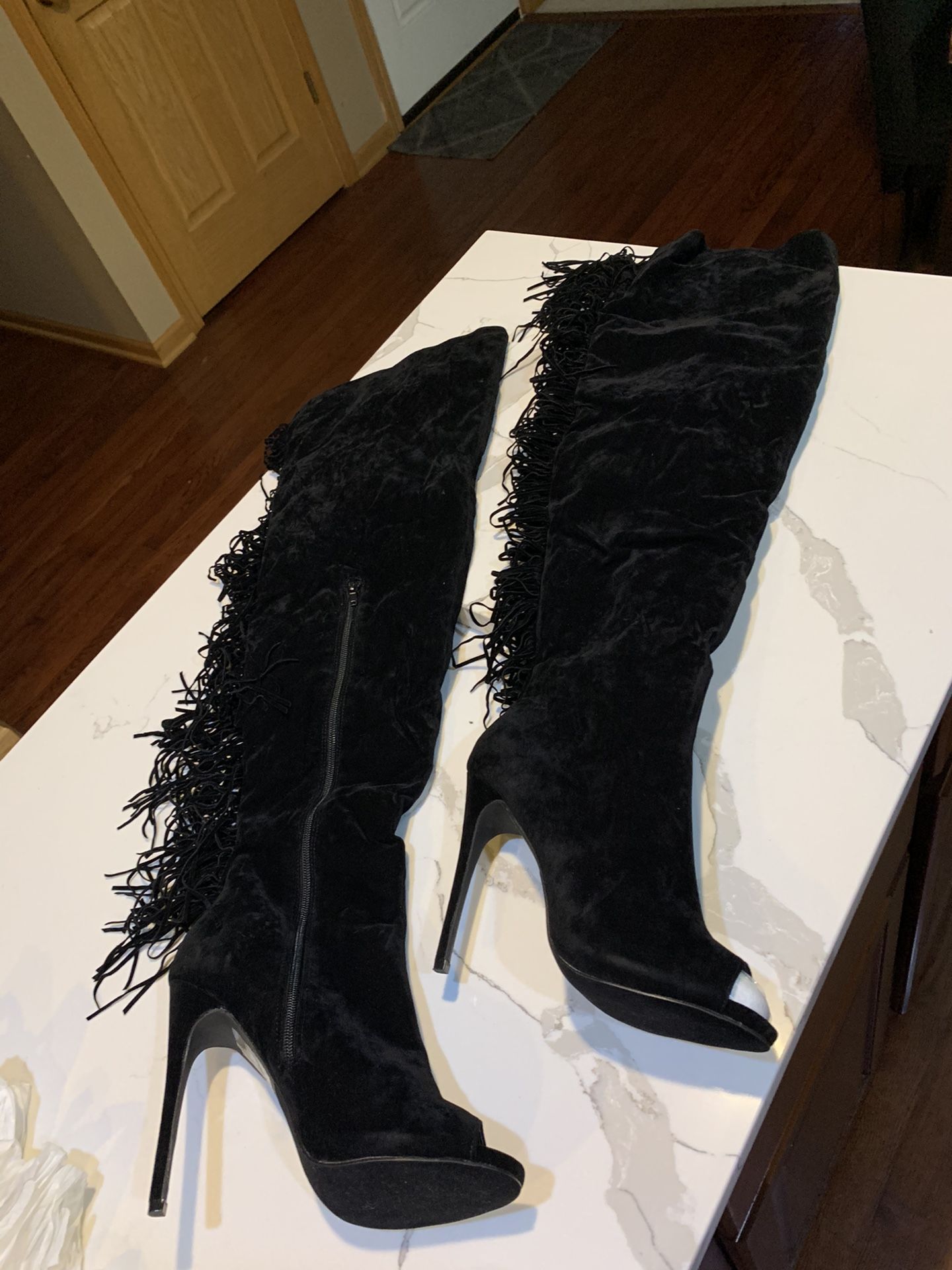 Black Suede Fringe Thigh High Boots Size 10