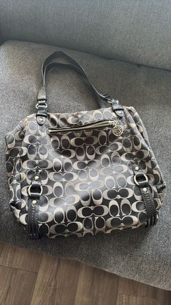 Black and gray Coach Tri-Color Signature Alexandra Shoulder Satchel