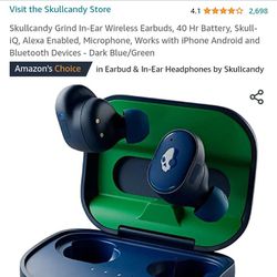 Skullcandy Grind In-Ear Wireless Earbuds, 40 Hr Battery, Skull-iQ, Alexa Enabled, Microphone, Works with iPhone Android and Bluetooth Devices - Dark B