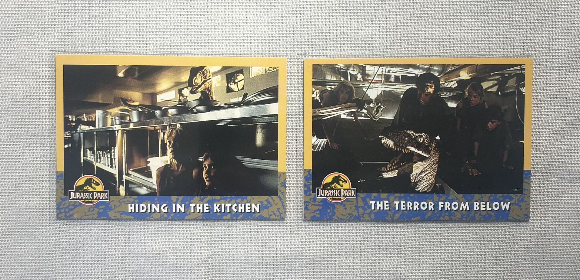 π₯β€οΈπ¦ 1993 Jurassic Park (2) Card Lot - Topps Trading Cards - Hiding In The Kitchen and The Terror From Below π¦β€οΈπ₯