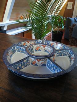 Vintage Imari Style Ceramic Lazy Susan Appetizer Set – Rotating Serving Tray (16")
