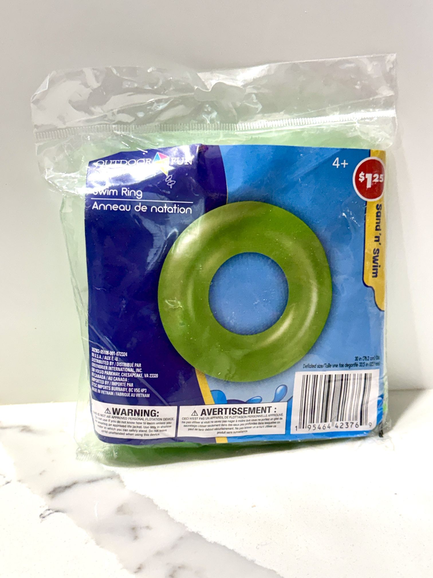 Outdoor Fun Inflatable Swim Ring Green Kids Pool Float 4+ New Sealed