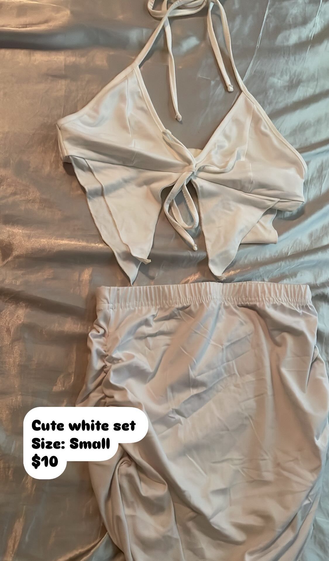 White Short Top With Skirt Set
