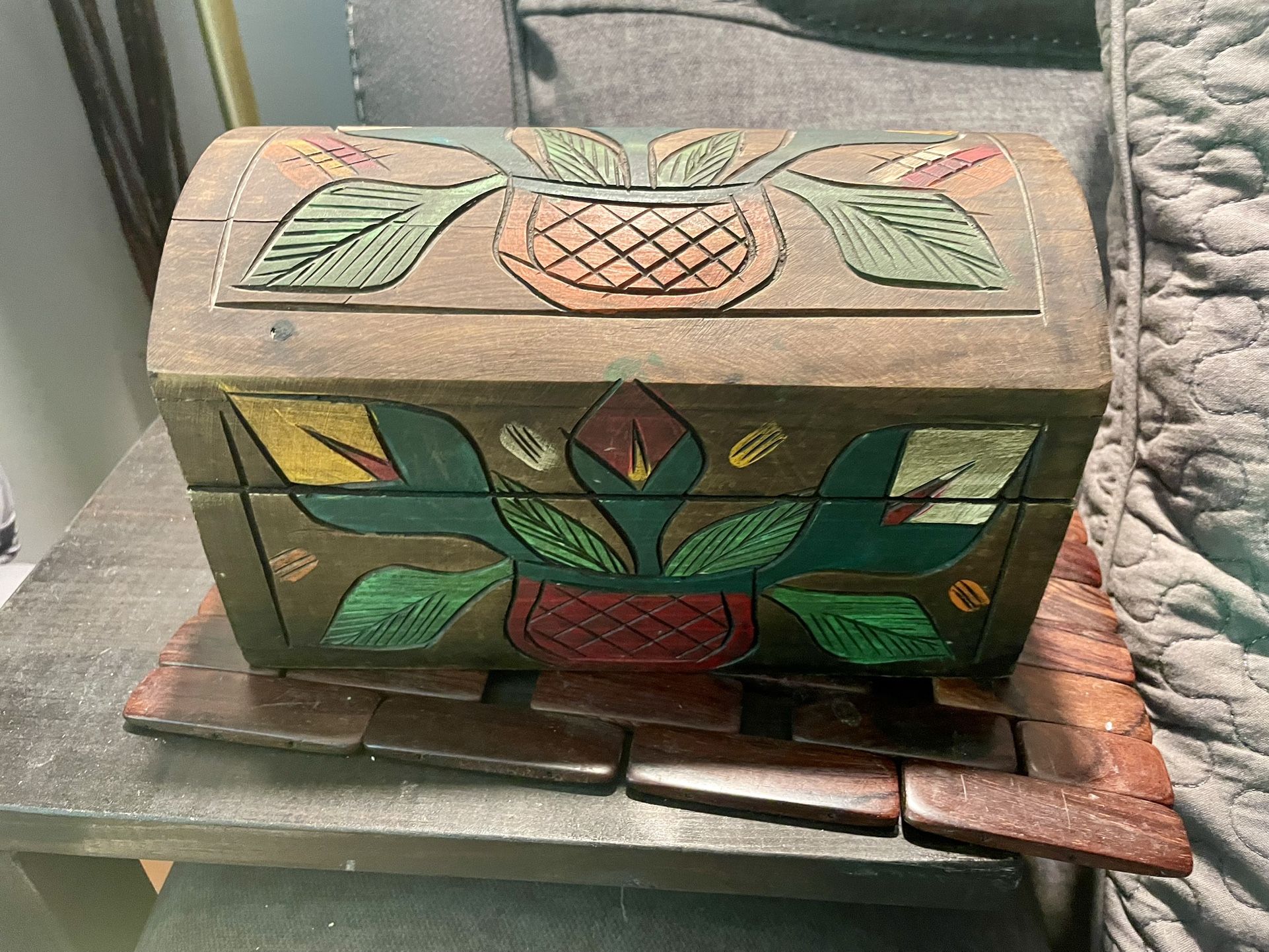 Vintage Boho Lily of the Valley Mexican Hand Carved Wood and Painted Treasure / Trinket Box