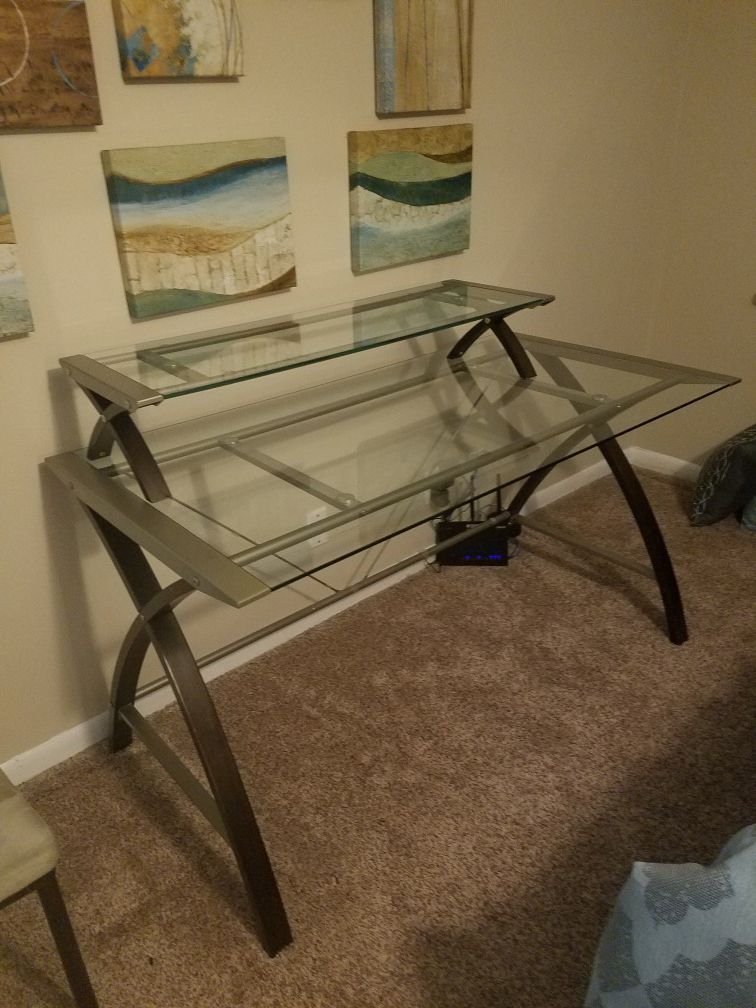 Sharper Image, two tier glass desk with steel chair