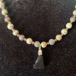 Gorgeous 44 Agate Beaded Necklace With Amber Swarovski Crystals  &  Tassel.  