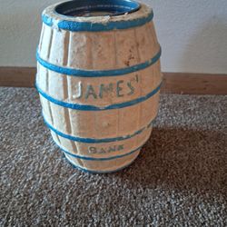 Vintage James Salt Water Taffy Barrel Bank