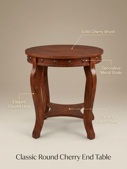 Round Dark Wood End Table with Nailhead Trim