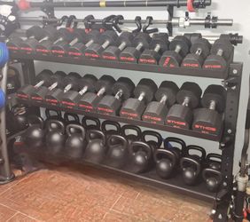 ETHOS Rubber Hex Dumbbells 5–70 lbs (1,050 lbs) + Rogue Universal Storage System 2.0