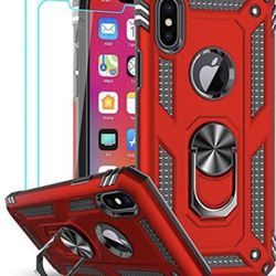 New iPhone X/XS Military Grade Case, w Free Tempered Glass Screen Protector [2Pack] Ring Kickstand 