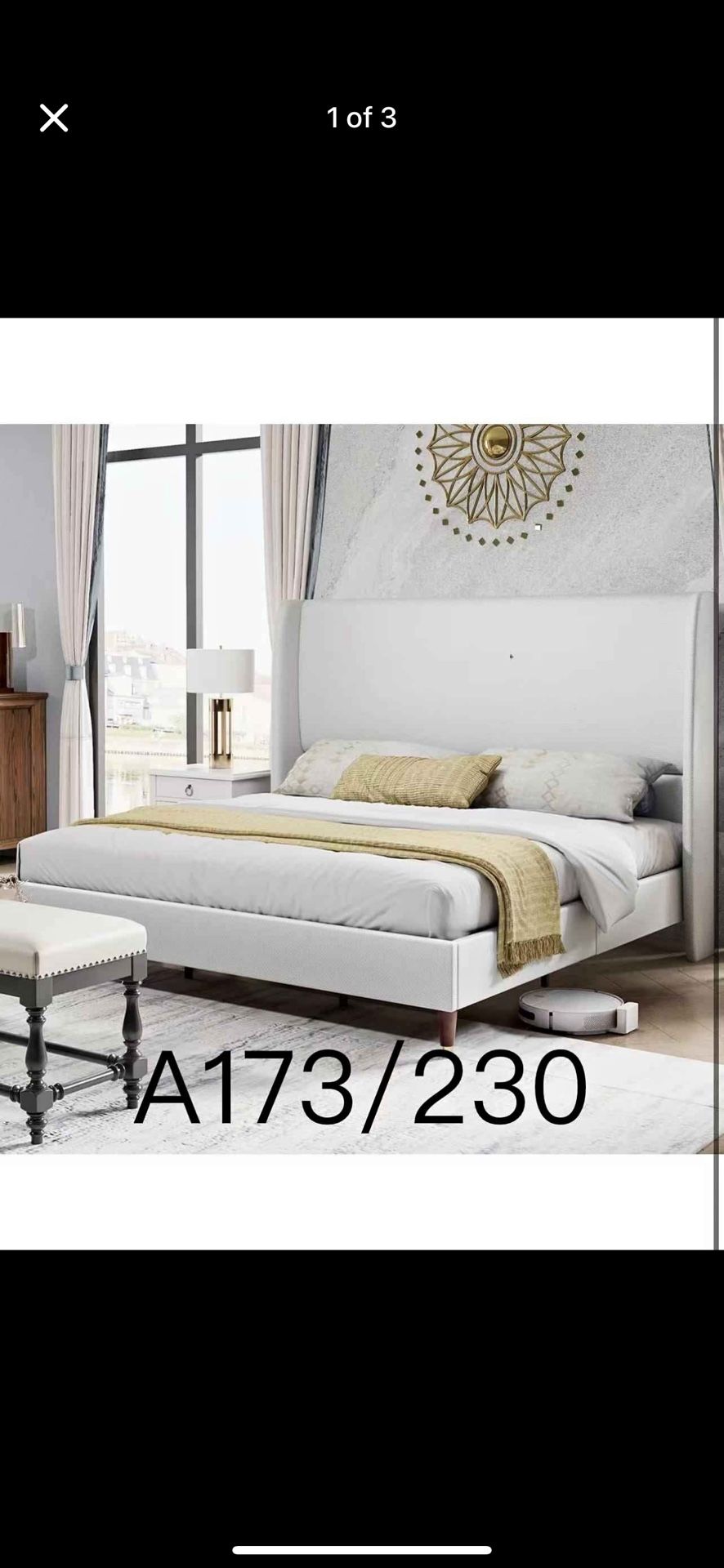 🔥A173/King Platform Bed Frame 51.2" High Headboard Tall Upholstered Bed/No Box Spring Required/Wood Slat Support/Easy Assembly White