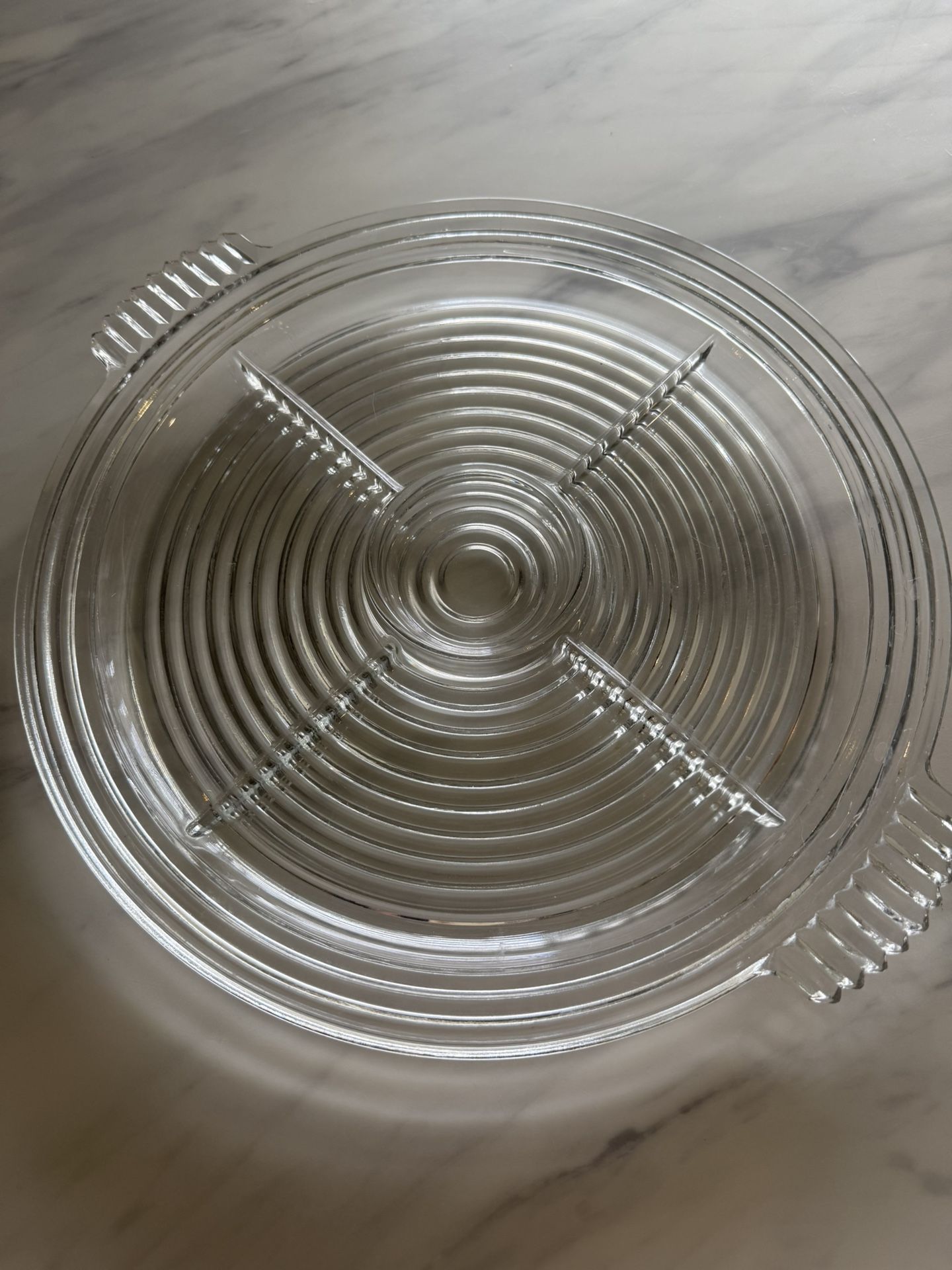 vintage Anchor Hocking Manhattan divided tray, produced between 1938 and 1943. It's a clear glass serving platter with the following characteristics:
