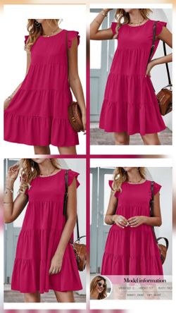 KIRUNDO Vestidos de verano para mujer, sin mangas con volantes, cuello redondo, mini vestido bebé liso, corto, fluido, plisado