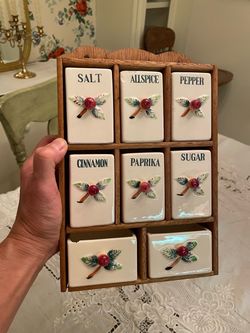 Ceramic Spice Jar Set with Wood Wall Rack
