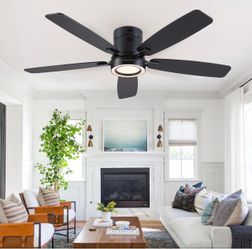 NSXQMUV 52 Inch Low Profile Black Ceiling Fans with Lights Flush Mount
