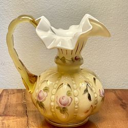 FENTON Charleston Collection White w/ Amber Overlay 5.75” Glass Pitcher SIGNED