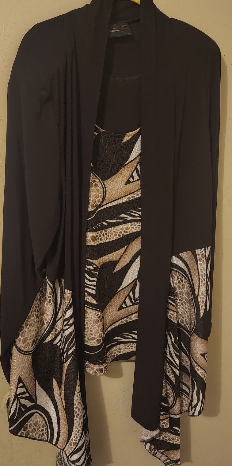 2pc Women's Brown Top And Shawl Set Plus Size 