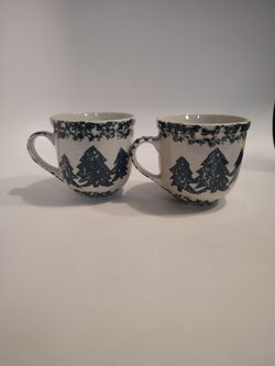 Set of 2 spongeware Pine Tree Mugs
