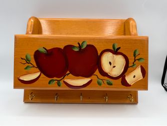 Vintage Wood Divided Letter and Key Holder Hand Painted Apples