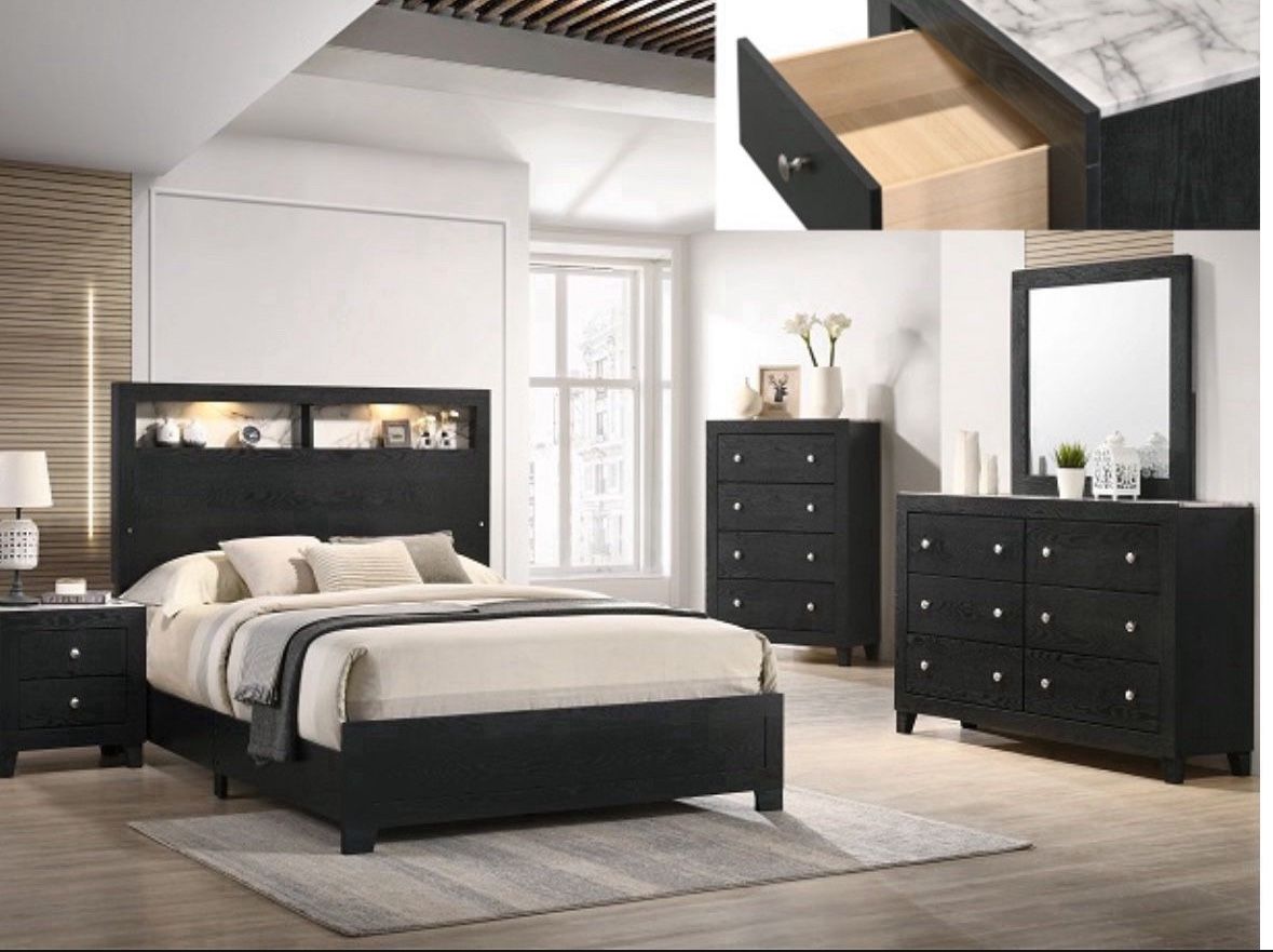 4- Pc Bedroom set Dresser,Mirror Nightstand (1) Queen size bed frame Not including Mattress and Box Sp