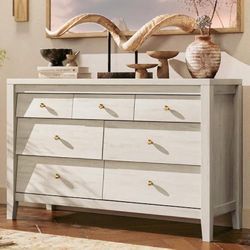 7 Drawer Dresser for Bedroom, 47" Farmhouse Wood Chest of Drawers with Accent Beveled Panels, Wooden Clothes Storage Organizer for Living Room, Hallwa