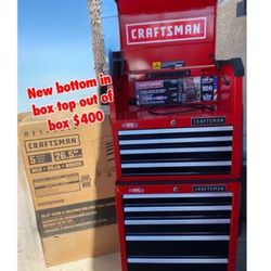 New tool box Craftsman Rolling Tool Box bottom part is in box has a ding from shipping top box is out of box has couple scruffs see picture comes with