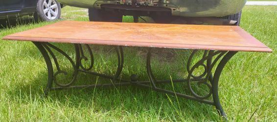 Wood Top Dining Table with Wrought Iron Base