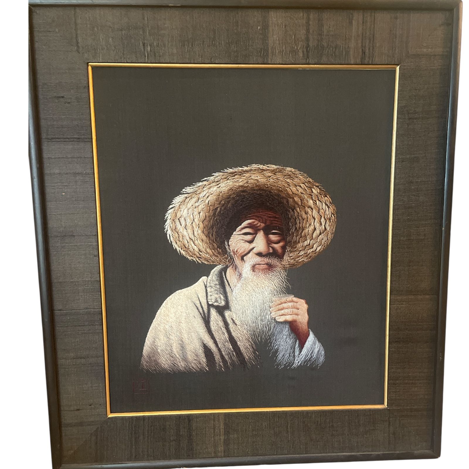 Kyobishi Co Mid Century Ebroidered Silk Japanese Man Drinking Sake Framed 18x20