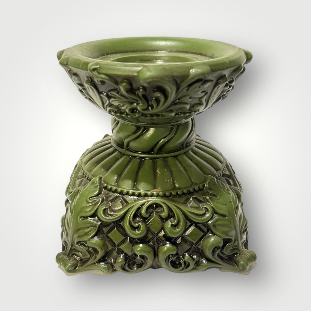 Vintage Mid Century Avocado Green Ceramic Pillar Candle Holder Boho 5” Tall