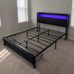 Queen Size Bed Frame with LED Headboard & Storage Drawers