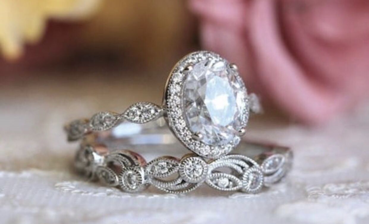 2-in-1 Womens Vintage White Sapphire Diamond 925 Sterling Silver Engagement Wedding Band Ring Set Size 7&8