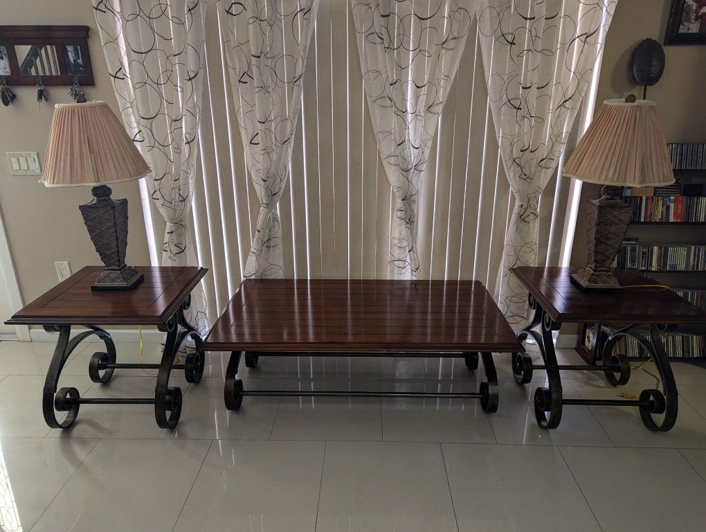 Solid Wood, Iron Coffee Table, 2 End Tables And Free Gift With Purchase